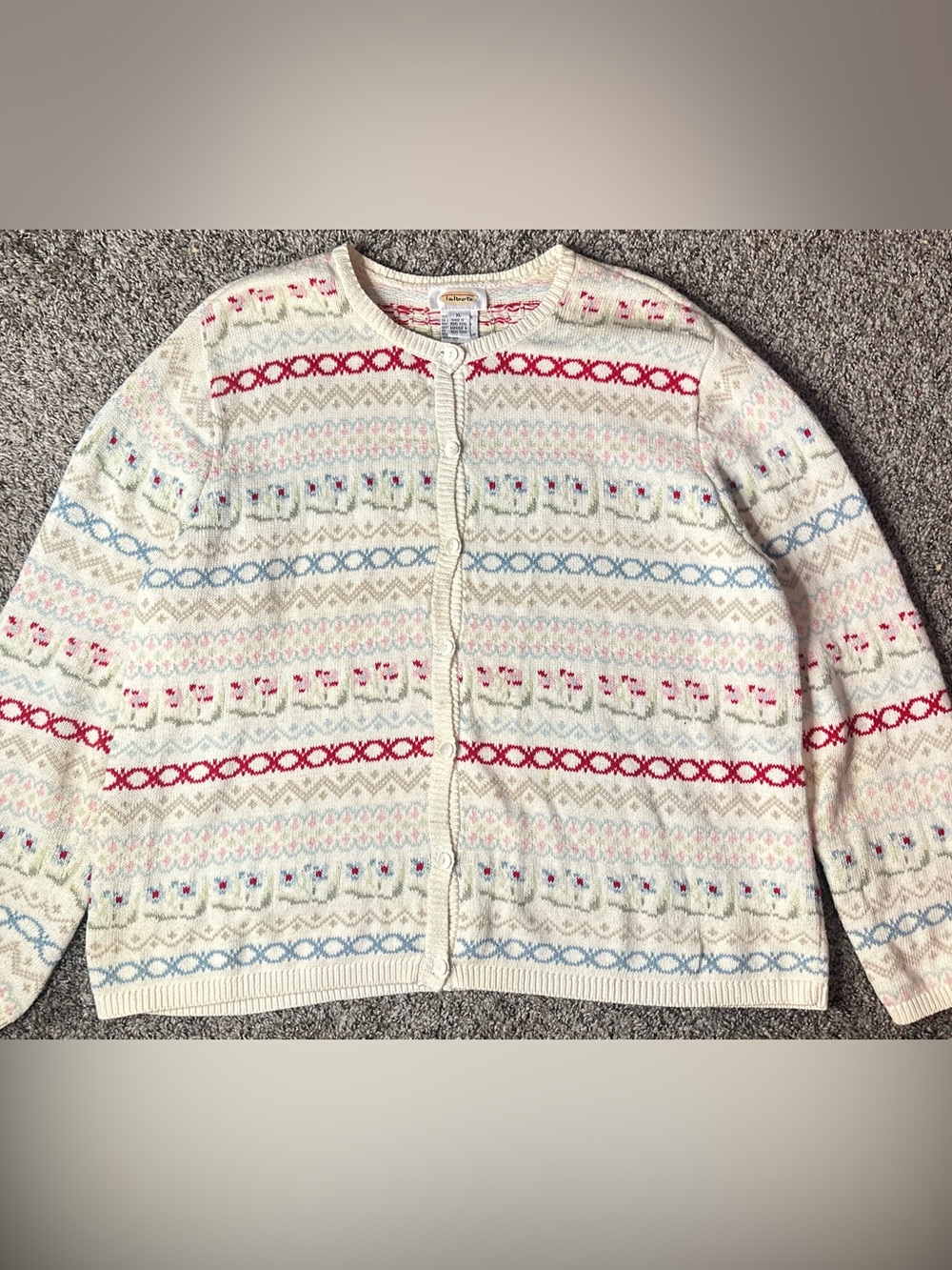 Talbots Kids Cream Fair Isle Button-Up Sweater with Pink Blue Red Accents